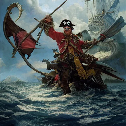 Prompt: pirate captain robin williams in an epic battle with a sea monster, pirate fleet, fantasy, d & d, intricate, elegant, highly detailed, digital painting, artstation, concept art, matte, sharp focus, illustration, art by john collier and albert aublet and krenz cushart and artem demura and alphonse mucha