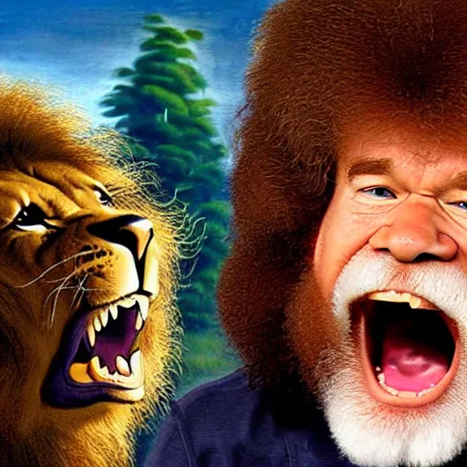 Prompt: bob ross screaming at a screaming lion screaming bob ross