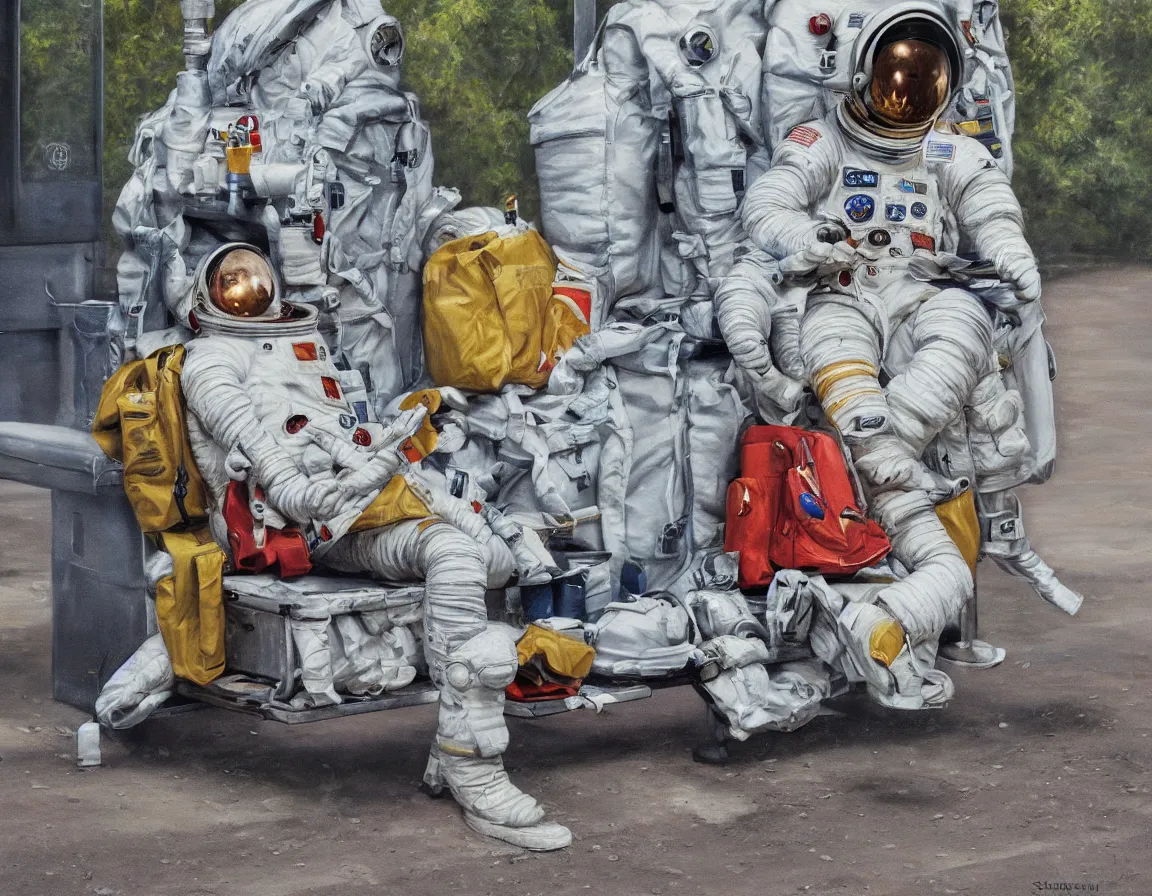 Image similar to hyper realistic oil painting of astronaut with portable luggage, sitting on a bench, waiting for the bus at the bus stop, hd, hdr, by stanisław wyspianski, ultra detailed, high resolution