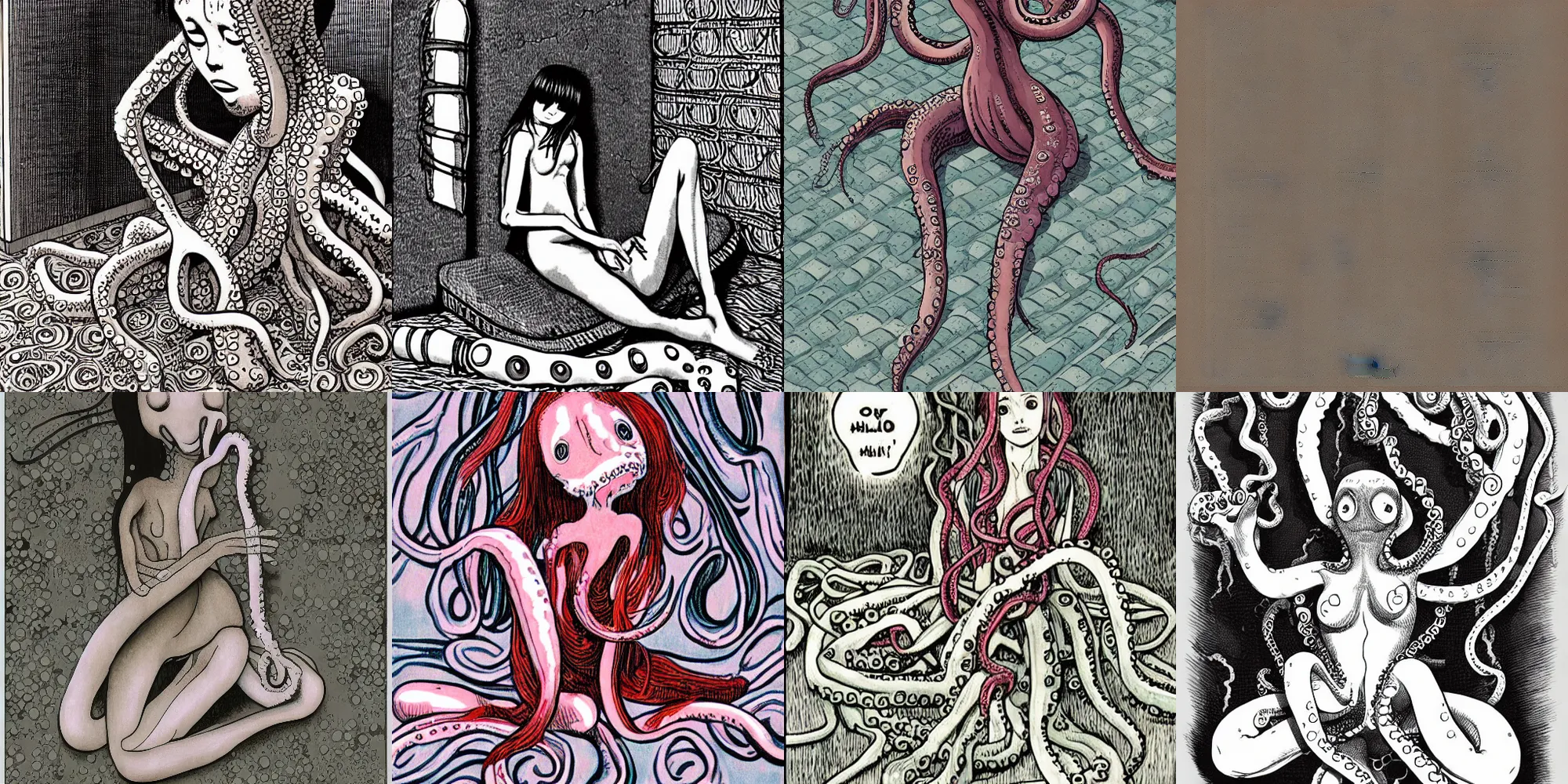 Prompt: a sad humanoid octopus girl with tentacles instead of limbs sitting on the floor, illustration by Junji Ito