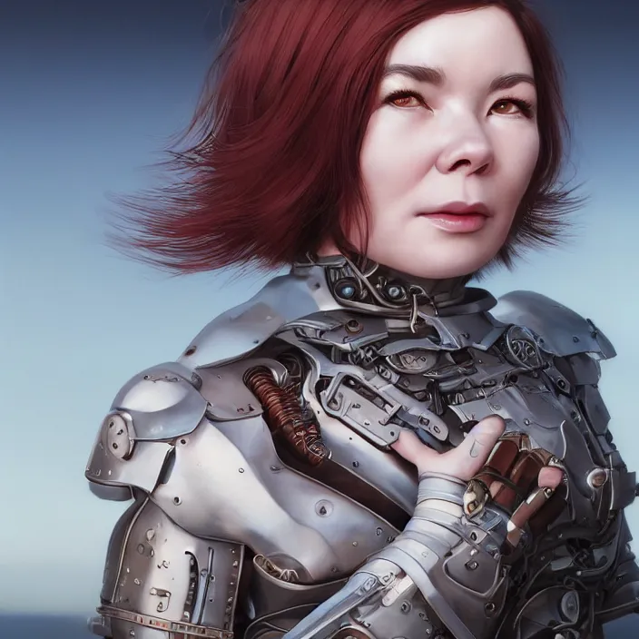 Image similar to hyper - realistic bjork leather cyborg - by tom bagshaw, by ilya kuvshinov, rtx rendering, octane render 1 2 8 k, maya, extreme high intricate details by wlop, digital anime art by ross tran, medium shot, close up shot, composition by sana takeda, dramatic lighting by greg rutkowski, 8 k, trending on artstation