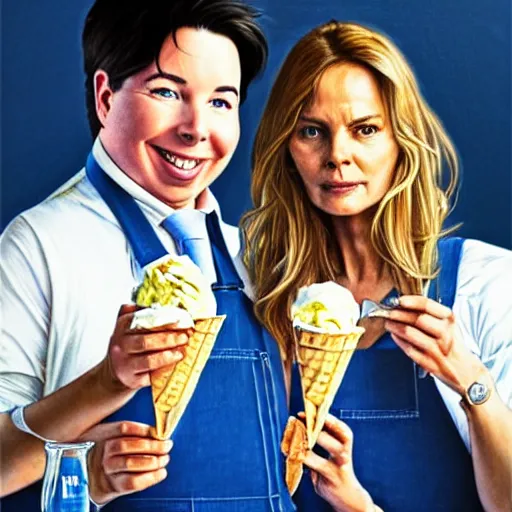 Prompt: portrait of michael mcintyre & a blonde fuller figured middle aged barbara bach from the bond film wearing blue dungarees and eating ice creams in porto, real life skin, intricate, elegant, highly detailed, artstation, concept art, smooth, sharp focus, art by artgerm and greg rutkowski and alphonse mucha