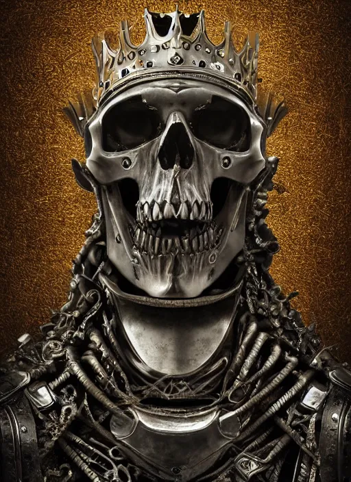 Image similar to portrait of king arthur skull faced knight cyborg with a crown with engravings, studio portrait against a black background, modern fine art, fractal, intricate, elegant, highly detailed, digital photography, subsurface scattering, in the style of ghost, by jheronimus bosch and yue minjun and giger and greg rutkowski,