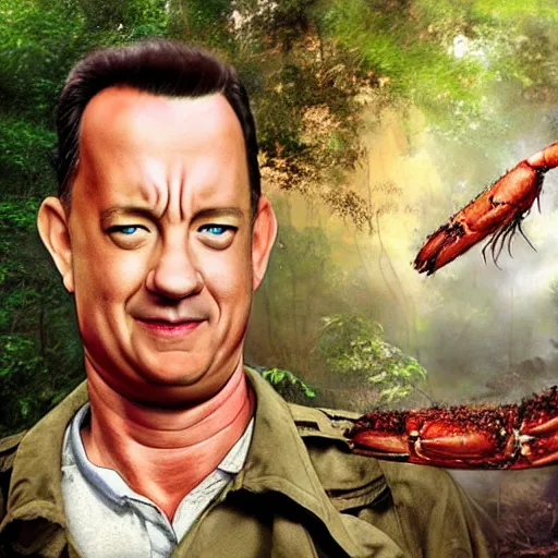 Image similar to Tom Hanks as forrest roasint a giant shrimp over a fire in the jungle, realistic digital painting, in the style of Aleksi Briclot, photoreailstic, realistic face, amazing detail, sharp