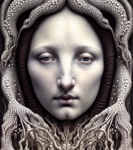 Image similar to detailed realistic beautiful winter goddess face portrait by jean delville, gustave dore, iris van herpen and marco mazzoni, art forms of nature by ernst haeckel, art nouveau, symbolist, visionary, gothic, neo - gothic, pre - raphaelite, fractal lace, intricate alien botanicals, ai biodiversity, surreality, hyperdetailed ultrasharp octane render