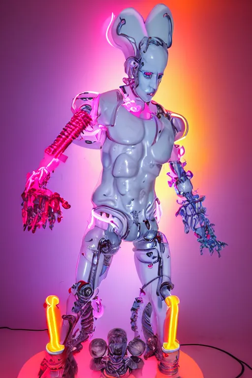 Image similar to full-body neon porcelain baroque cyberpunk style sculpture of a muscular handsoe prince as a high-fashion half-robot wearing retro shades with a porcelain body, corrupted battery, leaking glowing neon radioactive liquid, electric sparks, glowing violet laser beam eyes, crown of giant crt monitors, flowing pink and orange neon-colored glitched silk, luminescent fabrics, mechanical raptors. baroque and steampunk elements. full-length view. baroque element. intricate artwork by caravaggio. Very very very very highly detailed epic photo of face. Trending on artstation, octane render, cinematic lighting from the right, hyper realism, octane render, 8k, depth of field, 3D