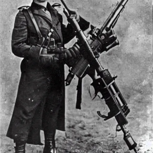 Prompt: old wartime photograph of batman holding a lewis gun, 1 9 1 7