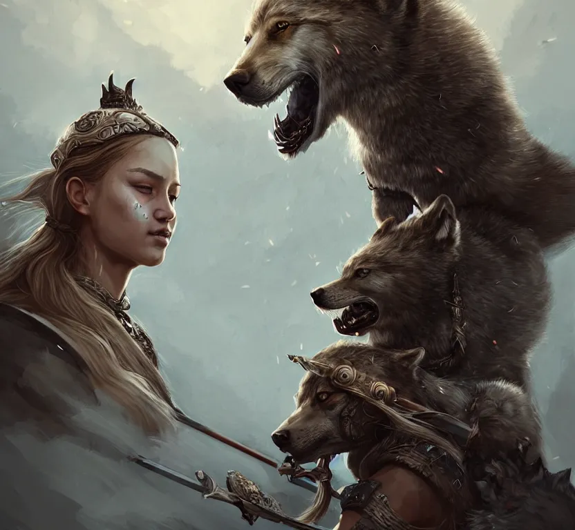 Image similar to a gorgeous!! woman resembling alicia vikander as a viking warrior accompanied by a dire wolf on the battlefield | drawn by wlop, drawn by jeehyung lee, drawn by argerm | intricate, highly detailed, ultra graphics, digital painting, artstation