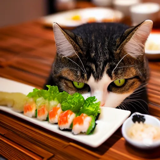 Prompt: cat sushi chef in a Japanese restaurant, close up photo