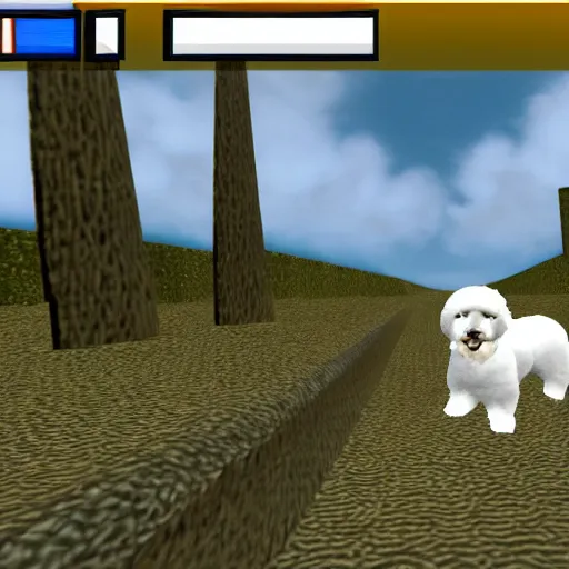 Prompt: Goldeneye 64 screenshot of a Bichon Frise dog modded game