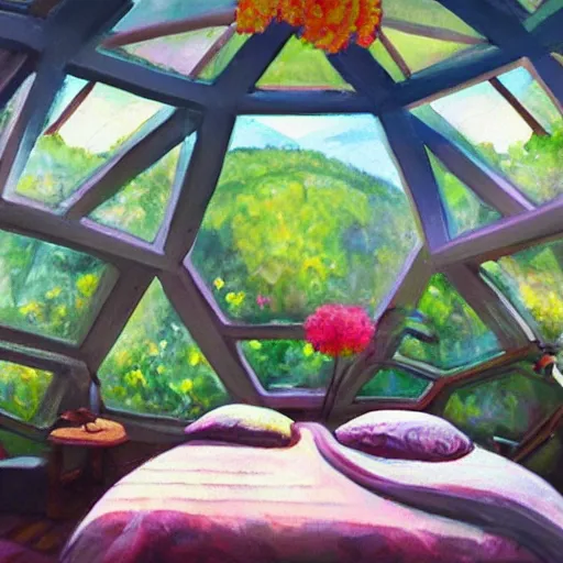 Image similar to interior of cozy queer geodesic dome bedroom with flowers, iridescent windows, expressive oil painting