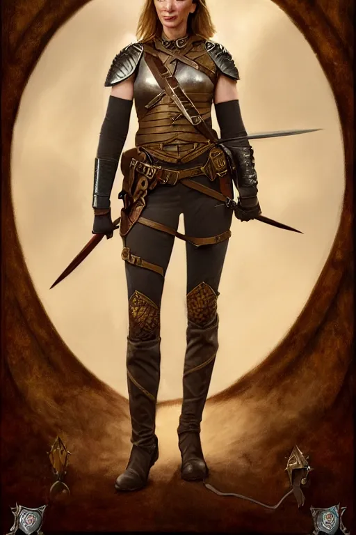 Image similar to full - body portrait of emily blunt as a ranger, metal breastplate, magical, high fantasy, d & d, by john collier, face details, extremely detailed, digital illustration