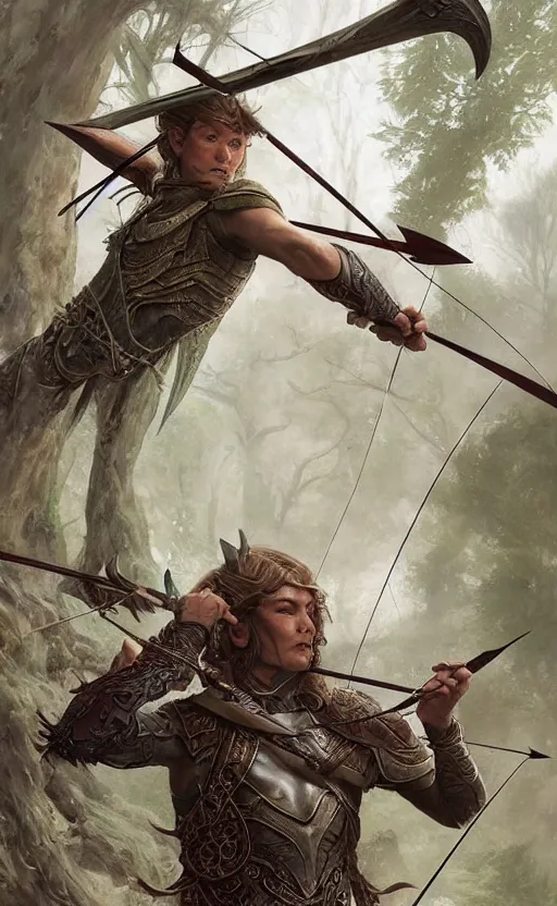 Prompt: portait of elven archer shooting arrow at forest monster, front game card, drark, marvel comics, dark, intricate, highly detailed, smooth, artstation, digital illustration by ruan jia and mandy jurgens and artgerm and wayne barlowe and greg rutkowski and zdislav beksinski