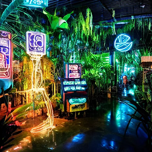 Prompt: a rainforest filled with ancient magical technology and neon lights,