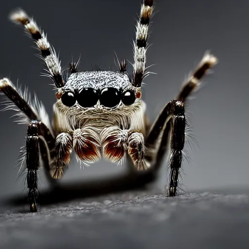 Prompt: close-up photo of a jumping spider wearing a top hat