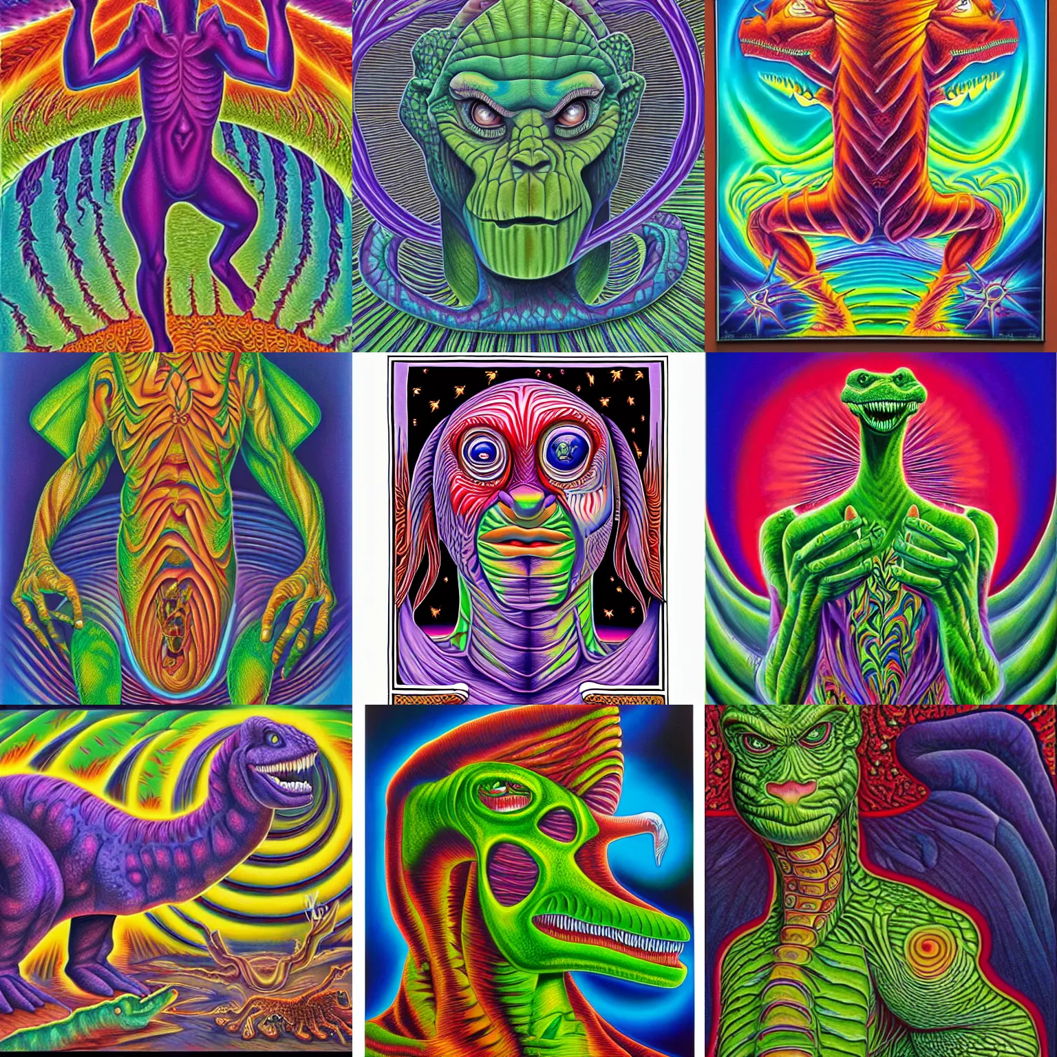 Prompt: barney the dinosaur by alex grey