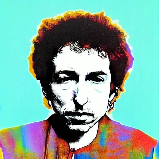 Prompt: aportrait of bob dylan | chromatic risograph print, warhol