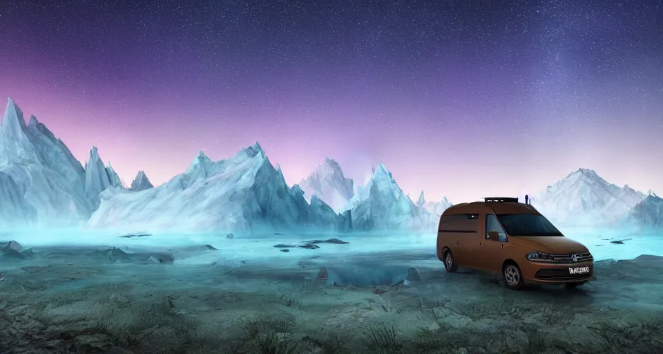 Prompt: An epic fantasy style landscape painting of a Mountainrange and a lake, with a starry sky with the milkyway and breathtaking aurora and a beige Volkswagen Caddy Campervan 4x4, a glacier is viewable in the distance, unreal 5, DAZ, hyperrealistic, octane render, volumetric clouds, dynamic lighting