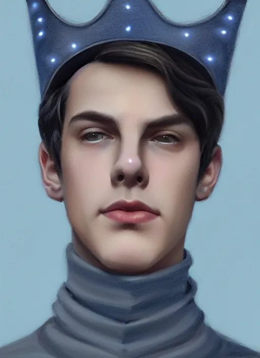 Image similar to portrait of teenage jughead jones wearing a light grey crown, crown, blue turtleneck, 1 9 5 0 s, closed eyes, photorealistic, black hair, glowing lighting, intricate, elegant, glowing lights, highly detailed, digital painting, artstation, concept art, smooth, sharp focus, illustration, art by wlop, mars ravelo and greg rutkowski