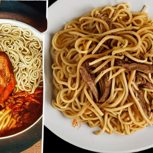 Prompt: noodles of the peter, chicken of the peter, beef of the peter, photorealistic