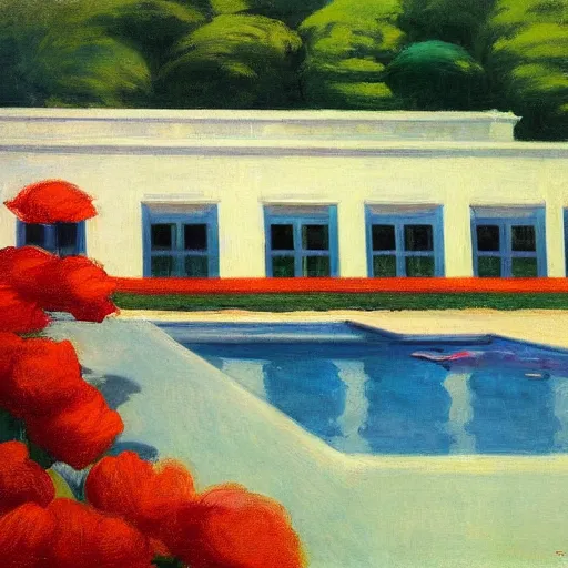 Image similar to a swimming pool in the middle of flowers by Edward Hopper