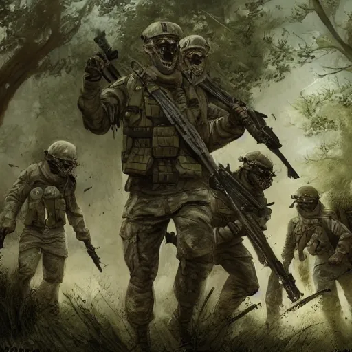 Image similar to found footage of a soldier and his squad fighting an unidentified monster, horror, dark, realistic style, concept art, trending, forest, first person view, high detail, high resolution