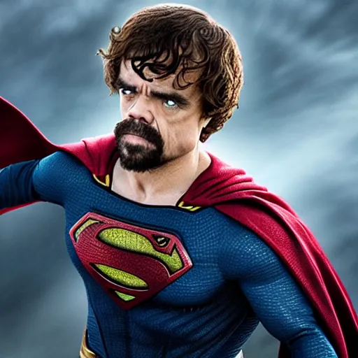 Image similar to stunning awe inspiring peter dinklage as superman, movie still 8 k hdr atmospheric lighting