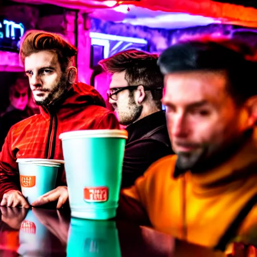 Image similar to photograph of retro techwear people with solo cups loitering near the bar of a packed busy rundown nightclub, retrofuturism, brutalism, cyberpunk, sigma 85mm f/1.4, 35mm, 4k, depth of field, high resolution, 4k, 8k, hd, highly detailed, full color