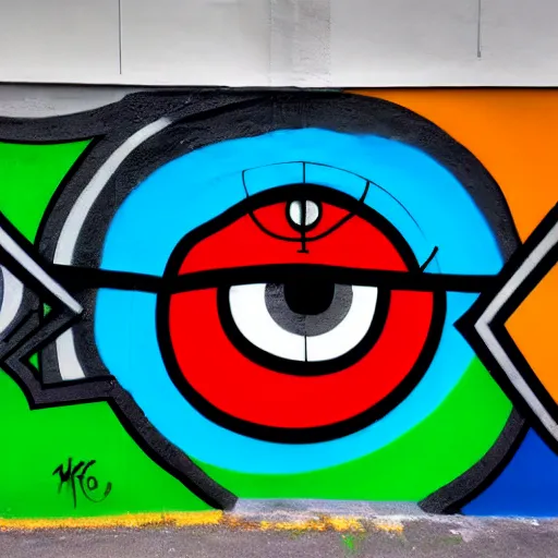 Image similar to wall with graffiti of man with one eye made with colored circles and lines, by Julien Durix