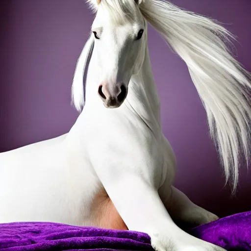 Prompt: boudoir photography of a white mare, purple mane and tail, oversized hindquarters, lying on a white blanket, photography by Annie Leibovitz
