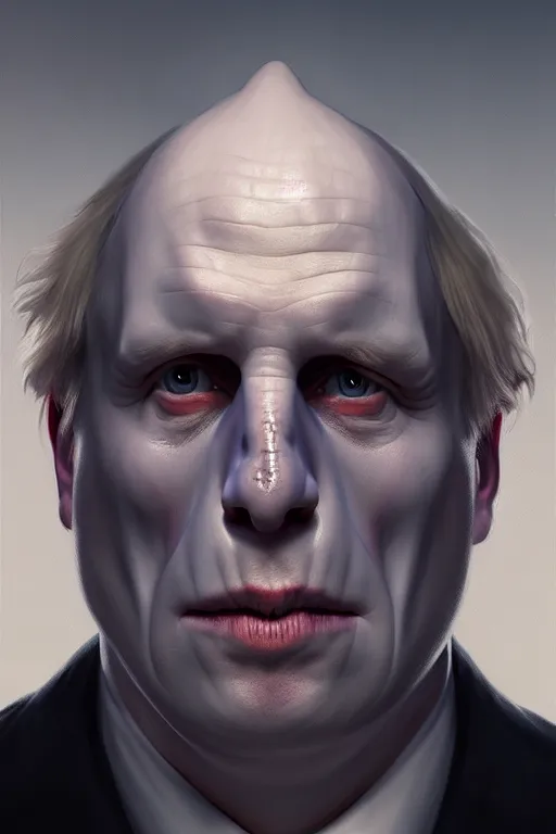 Image similar to Boris Johnson as Lord Voldemort without nose, realistic portrait, symmetrical, highly detailed, digital painting, artstation, concept art, smooth, sharp focus, illustration, cinematic lighting, art by artgerm and greg rutkowski and alphonse mucha