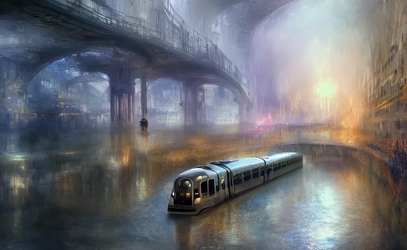 Image similar to an urban train rides inside of a waterway on a fantasy city. by artstation trending, by joseph mallord william turner, luis royo, konstantin razumov, cinematic lighting, fractal flame, highly detailed