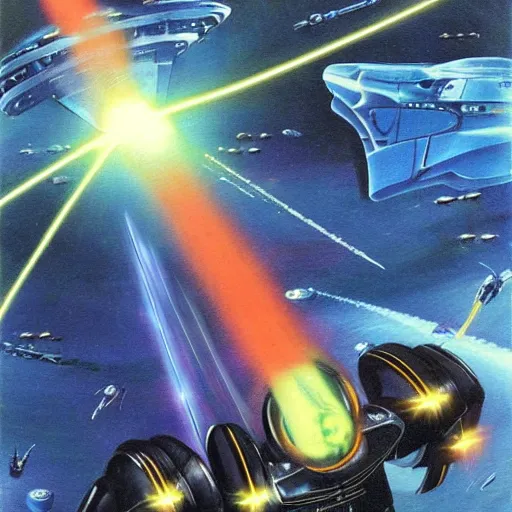 Prompt: science - fiction space battleship in combat, laser beams, explosions, space, planets, painting