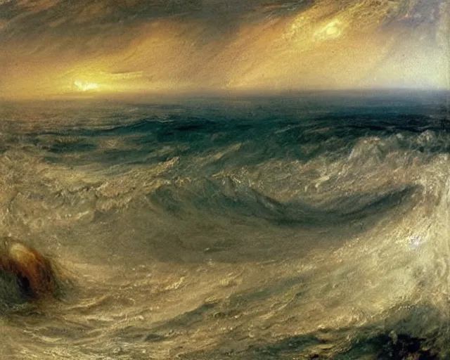 Image similar to an oil painting of cthulhu rising out of the ocean, turner