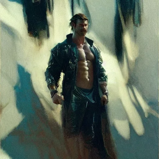 Image similar to chris hemsworth, intricate, elegant, highly detailed, greg manchess, mucha, liepke, ruan jia, jeffrey catherine jones, ridley scott