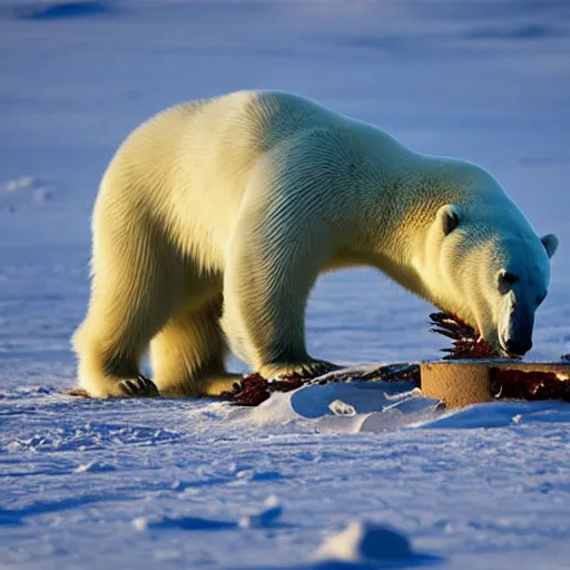 Prompt: polar bear on a desert eating a carcass, photorealistic, sad