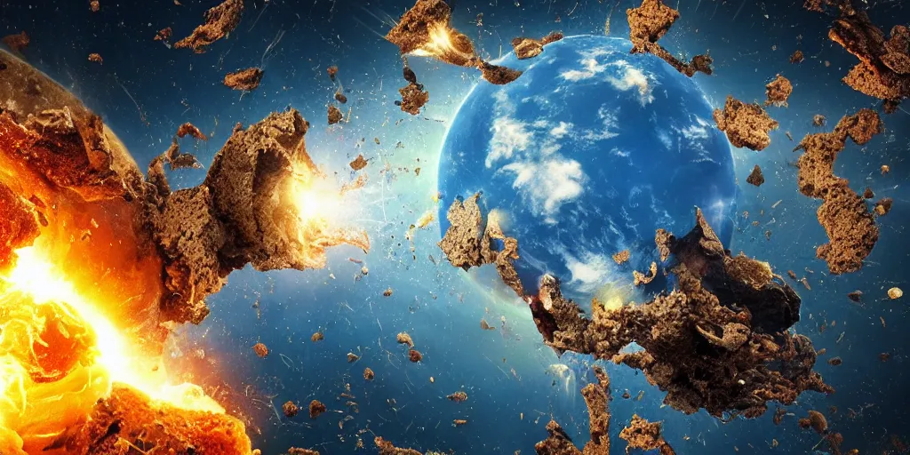 Prompt: Earth being destroyed by a cookie, realistic 4k octane beautifully detailed render, 4k post-processing, highly detailed, intricate complexity, epic composition, magical atmosphere, cinematic lighting, masterpiece, ultra hd