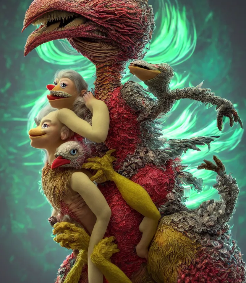 Prompt: hyper detailed 3d render like a Oil painting - kawaii portrait of hopeful lovers hugging tight or kissing pecking adorably Aurora (a beautiful girl skeksis muppet fae princess protective playful expressive acrobatic from dark crystal that looks like Anya Taylor-Joy) seen red carpet photoshoot in UVIVF posing in scaly dress to Eat of the Strangling network of yellowcake aerochrome and milky Fruit and His delicate Hands hold of gossamer polyp blossoms bring iridescent fungal flowers whose spores black the foolish stars by Jacek Yerka, Ilya Kuvshinov, Mariusz Lewandowski, Houdini algorithmic generative render, golen ratio, Abstract brush strokes, Masterpiece, Edward Hopper and James Gilleard, Zdzislaw Beksinski, Mark Ryden, Wolfgang Lettl, hints of Yayoi Kasuma and Dr. Seuss, Grant Wood, octane render, 8k