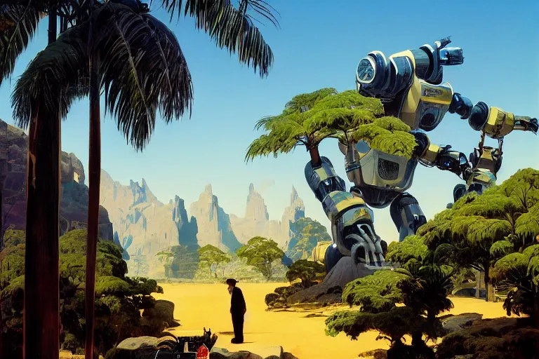 Image similar to natural american landscape | robot repairing another robot | palm trees | snowy mountains, painting by syd mead and weta studio and james jean, frank frazetta, highly detailed, rule of third, soft lighting, 8 k resolution, oil on canvas, architectural magazine, beautiful detailed, insanely intricate details, artstation trending, hypermaximalistic, high details, cinematic