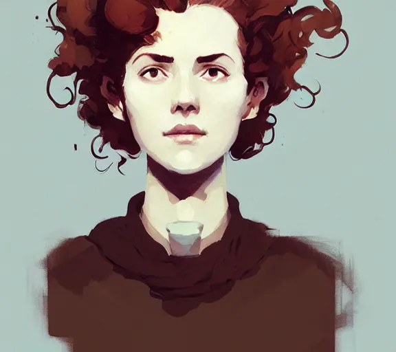 Image similar to portrait woman with short ginger curly hair, by atey ghailan, by greg rutkowski, by greg tocchini, by james gilleard, by joe fenton, by kaethe butcher, by ashley wood, dynamic lighting, gradient light blue, brown, blonde cream and white color scheme, grunge aesthetic