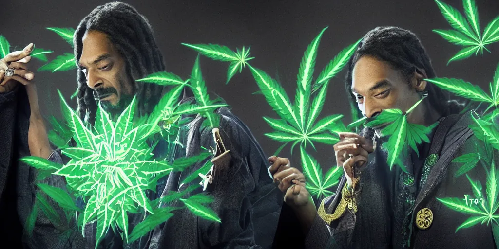 Image similar to snoop dogg doctor strange, smoke weed, marijuana, marijuana leaves, green light, highly detailed, environmental light, cinematic by francis tneh