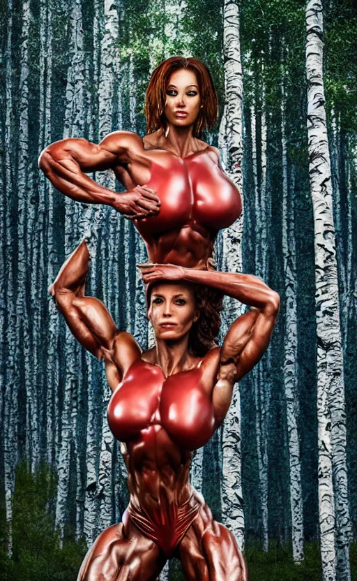 Image similar to photo of superbodybuilder woman posing standing with back in birch forest in jeff koons hip hop bauhaus style, beautiful detailed face, ultra realistic, concept art, intricate details, serious, highly detailed, photorealistic, octane render, 8 k, unreal engine, natural light, art by todd mcfarlane