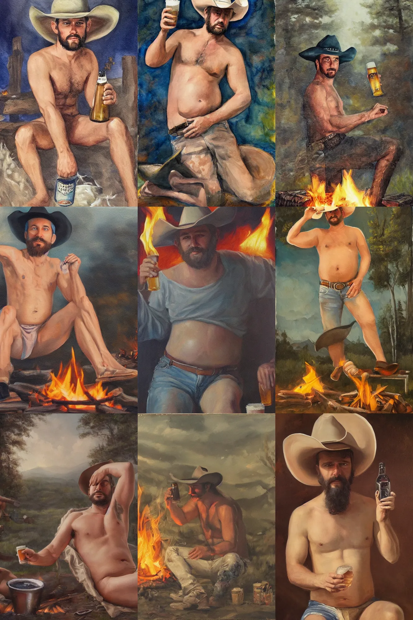 Prompt: an ethereal painting of a rugged handsome shirtless man with a beer belly and cowboy hat sitting by a campfire