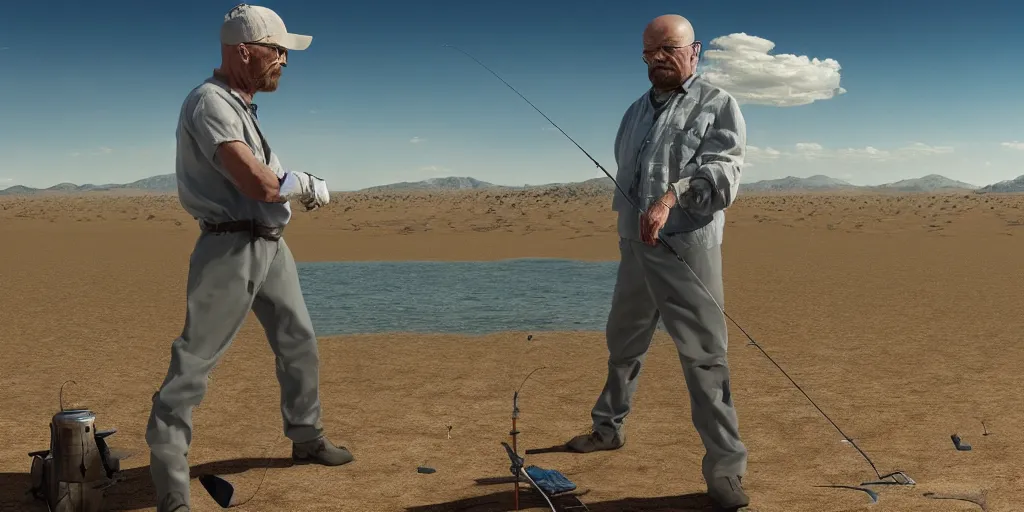 Prompt: walter white fishing in the desert, highly detailed, 8 k, masterpiece, super resolution.