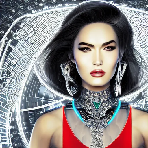 Image similar to the portrait of an elegant, sophisticated, fashionable ottomanpunk robotess idol, an ultrafine illustration of young half asian megan fox mix by kim jisu, intricate linework, neon wiring, fashion, porcelain skin, unreal engine 5 highly rendered, global illumination, radiant light, detailed and intricate environment, by rutkowski, artgerm, marvel comics