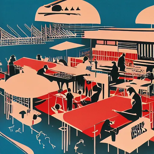 Prompt: a hawker centre by saul bass