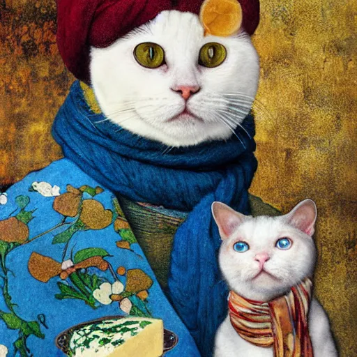 Prompt: a portrait of a male white cat with human blue eyes wearing a scarf, expensive cheese and salami on the table, titian, sam spratt, maxfield parrish, gustav klimt, tom bagshaw, mark ryden, alphonse mucha, rembrandt, high quality, painting, oil