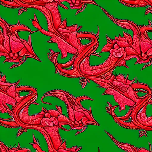 Image similar to rhaegal, green dragon, surrounded by roses in fractal patterns