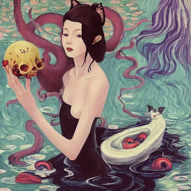 Image similar to tall female catgirl artist holding a skull in her flooded apartment, pomegranates, octopus, water gushing from ceiling, painting of flood waters inside an artist's apartment, a river flooding indoors, candles, ikebana, zen, rapids, waterfall, black swans, canoe, berries, acrylic on canvas, surrealist, by magritte and monet