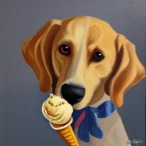 Image similar to painting of a dog eating ice cream